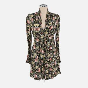 ZARA Womens S Floral Mini Dress Tie Neck Boho Dark Academia Long Sleeve